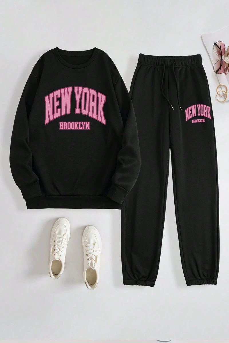 Kadın Mektup Baskılı Yuvarlak Yaka Uzun Kollu Sweatshirt Ve Bağcıklı Jogger Pantolon R