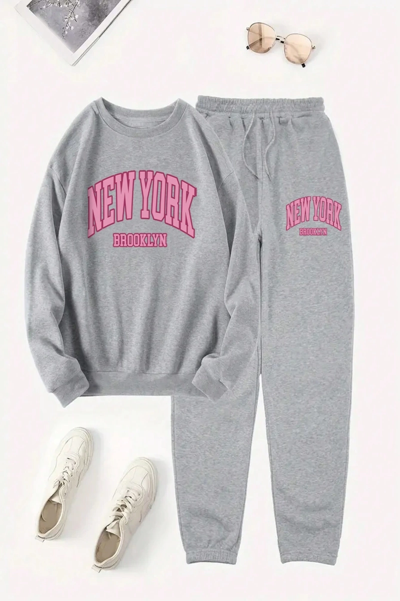 Kadın Mektup Baskılı Yuvarlak Yaka Uzun Kollu Sweatshirt Ve Bağcıklı Jogger Pantolon R