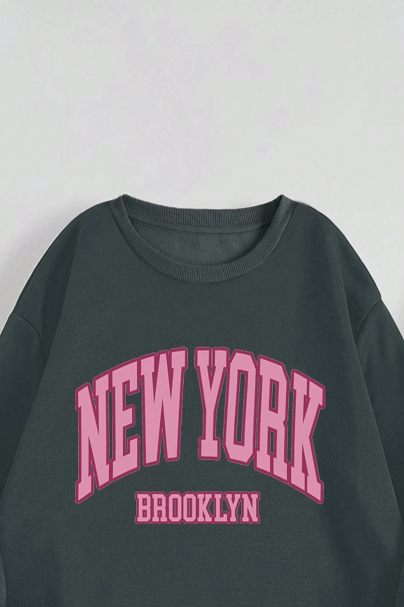 Kadın Mektup Baskılı Yuvarlak Yaka Uzun Kollu Sweatshirt Ve Bağcıklı Jogger Pantolon R