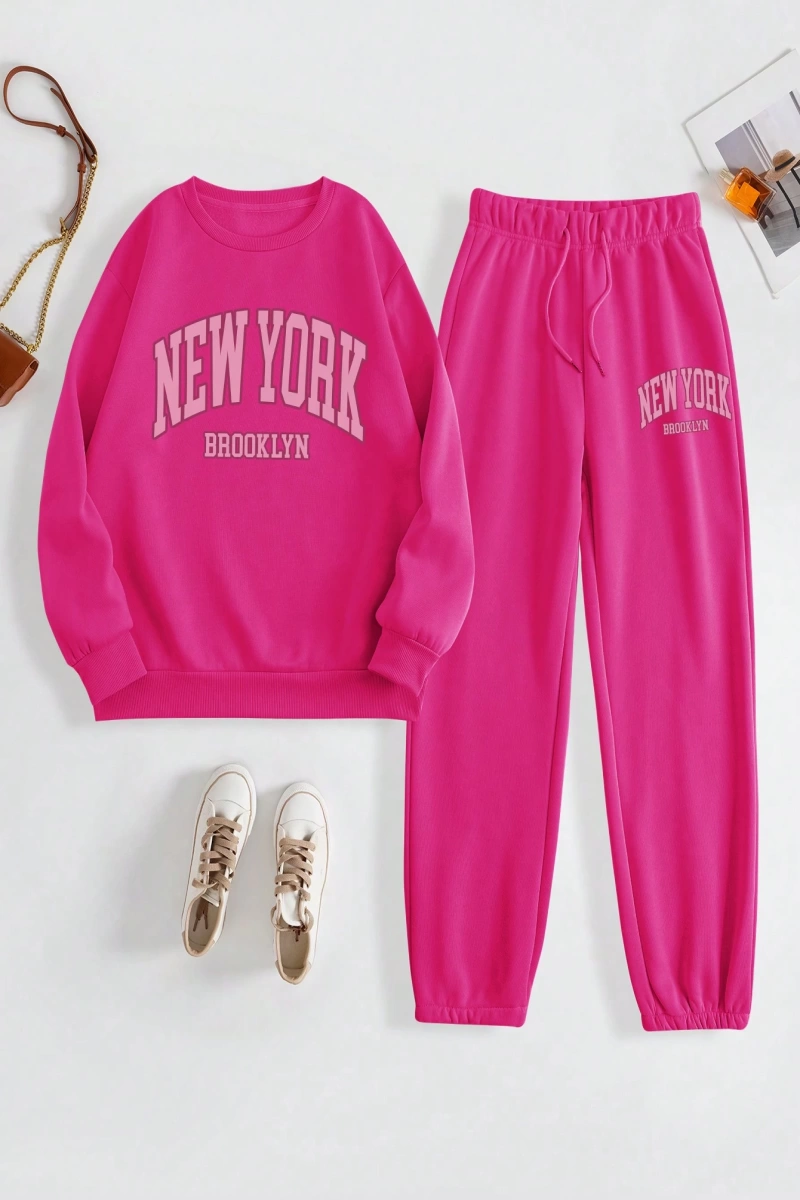 Kadın Mektup Baskılı Yuvarlak Yaka Uzun Kollu Sweatshirt Ve Bağcıklı Jogger Pantolon R