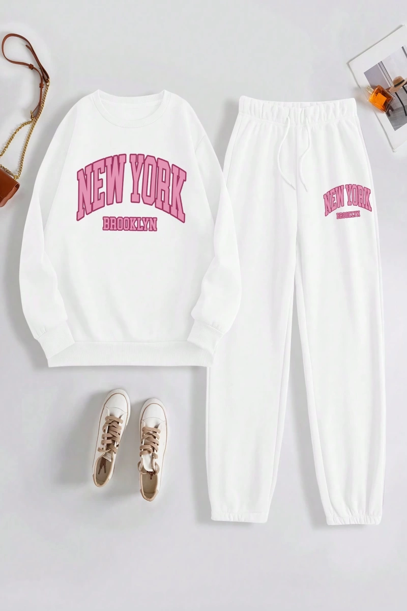 Kadın Mektup Baskılı Yuvarlak Yaka Uzun Kollu Sweatshirt Ve Bağcıklı Jogger Pantolon R