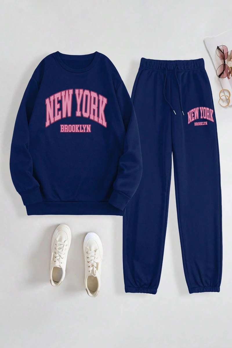 Kadın Mektup Baskılı Yuvarlak Yaka Uzun Kollu Sweatshirt Ve Bağcıklı Jogger Pantolon R