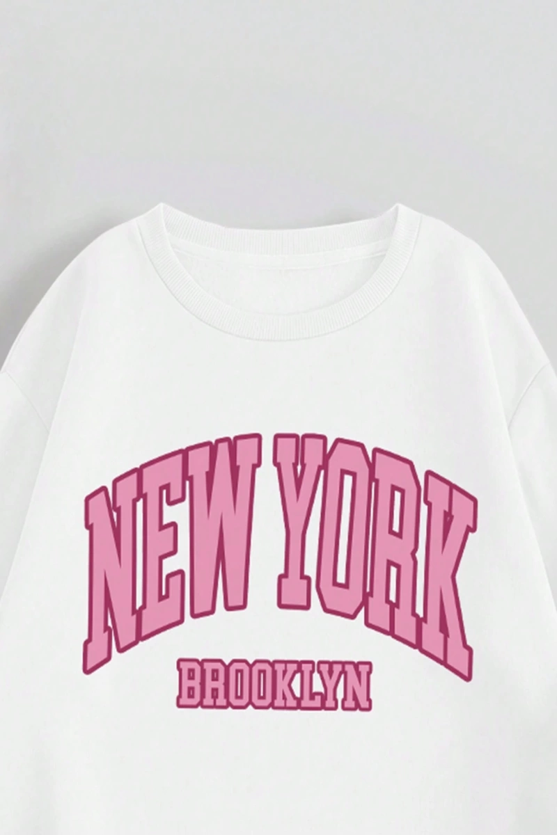 Kadın Mektup Baskılı Yuvarlak Yaka Uzun Kollu Sweatshirt Ve Bağcıklı Jogger Pantolon R