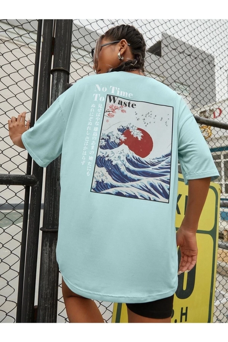 Kadın Mint Mavi To Time To Waste Baskılı Oversize Bisiklet Yaka T-shirt