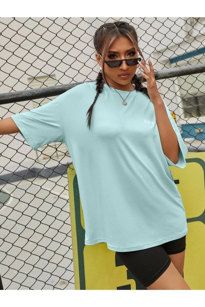 Kadın Mint Mavi To Time To Waste Baskılı Oversize Bisiklet Yaka T-shirt