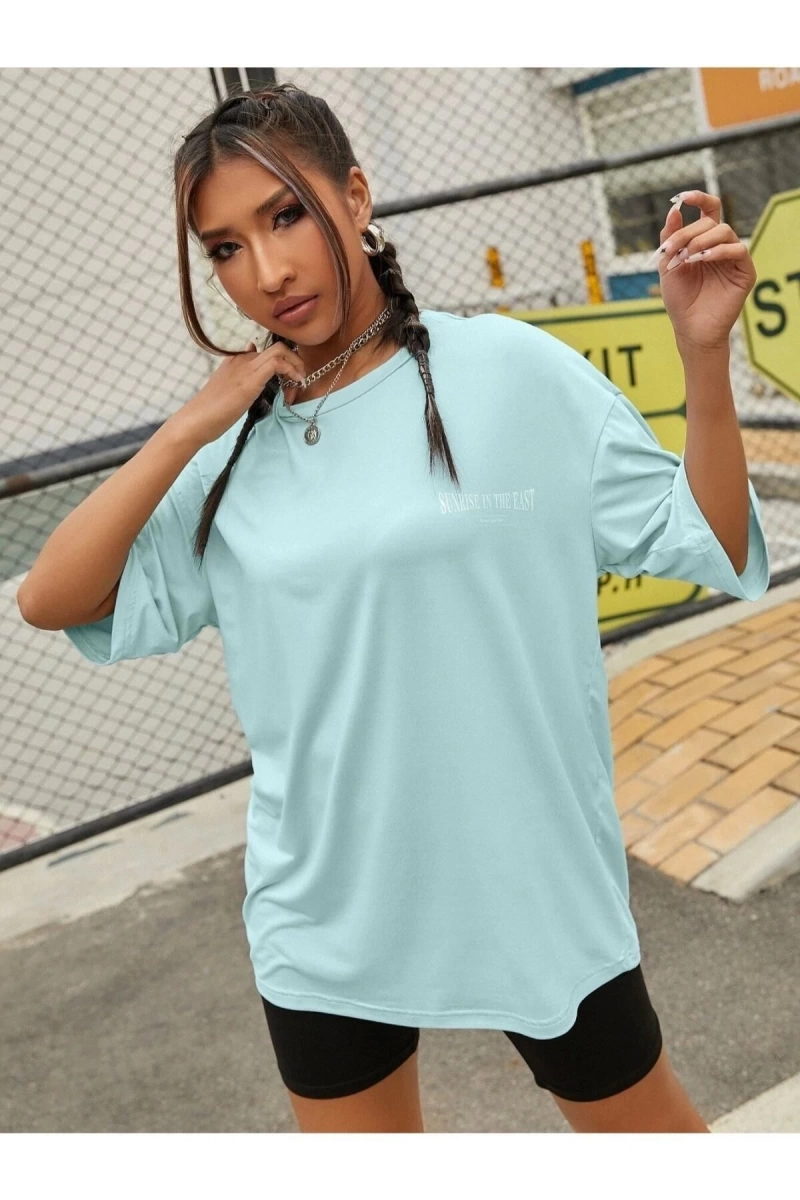 Kadın Mint Mavi To Time To Waste Baskılı Oversize Bisiklet Yaka T-shirt