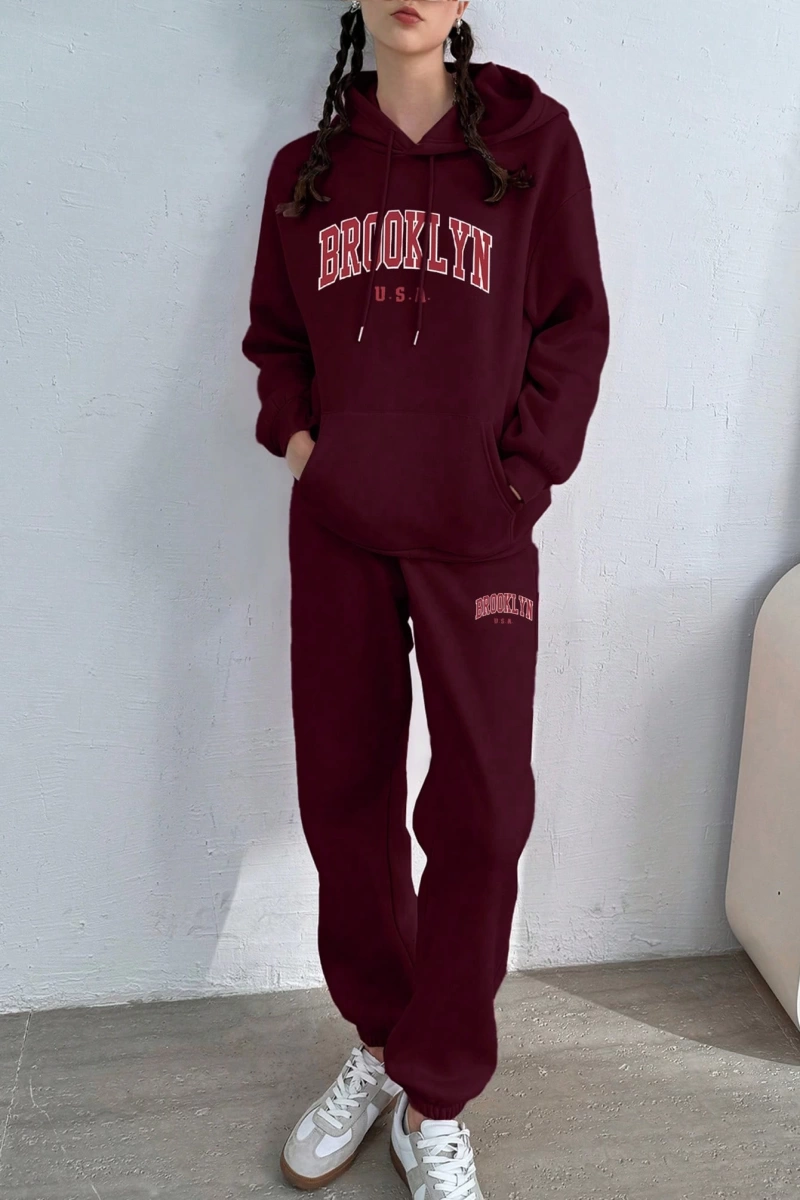 Kadın Moda Bol Spor Kapüşonlu Sweatshirt ve Eşofman Altı İki Parçalı Takım, Bayan İlkb
