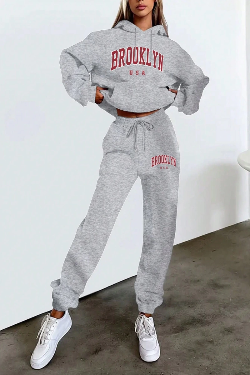 Kadın Moda Bol Spor Kapüşonlu Sweatshirt ve Eşofman Altı İki Parçalı Takım, Bayan İlkb