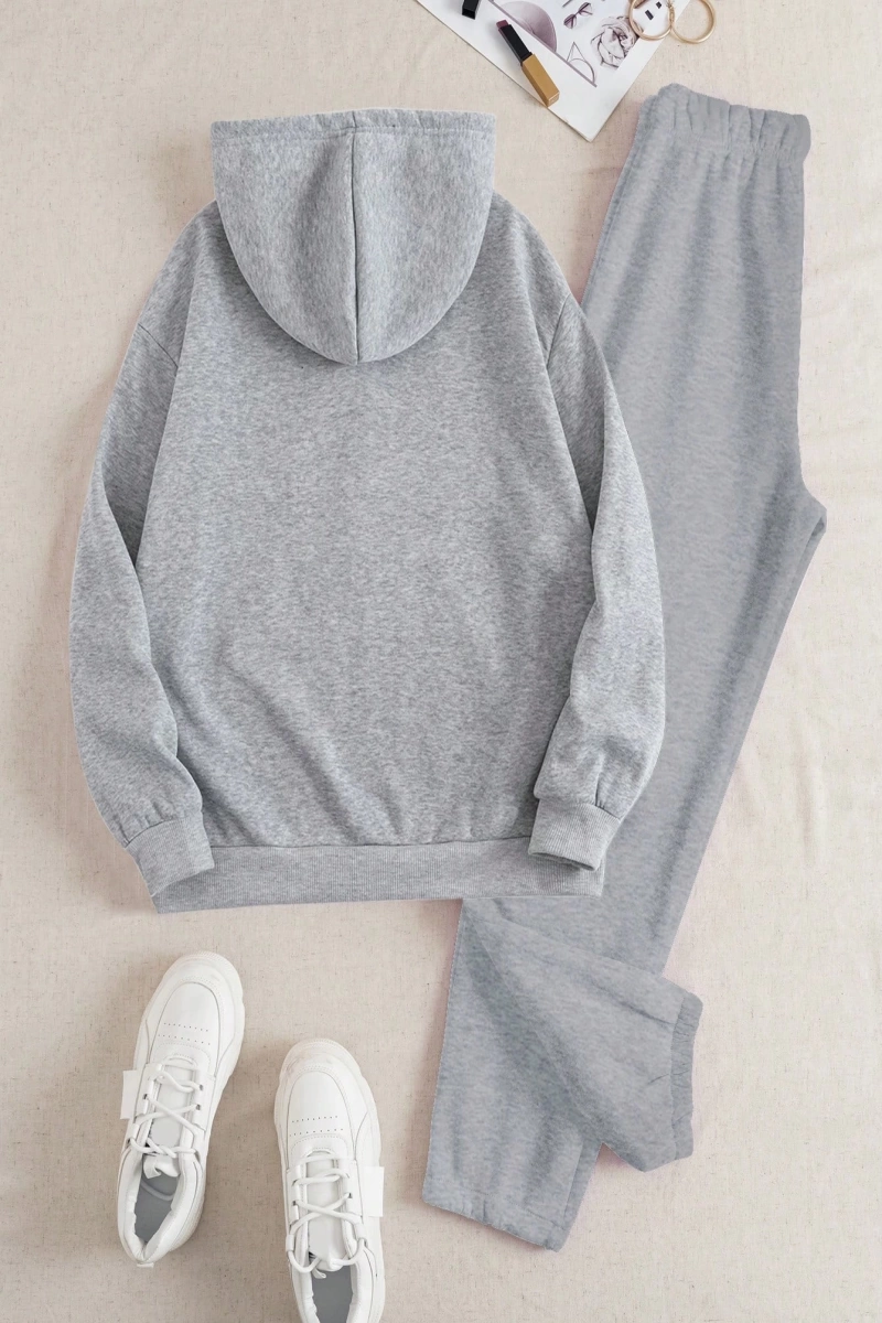 Kadın Moda Bol Spor Kapüşonlu Sweatshirt ve Eşofman Altı İki Parçalı Takım, Bayan İlkb