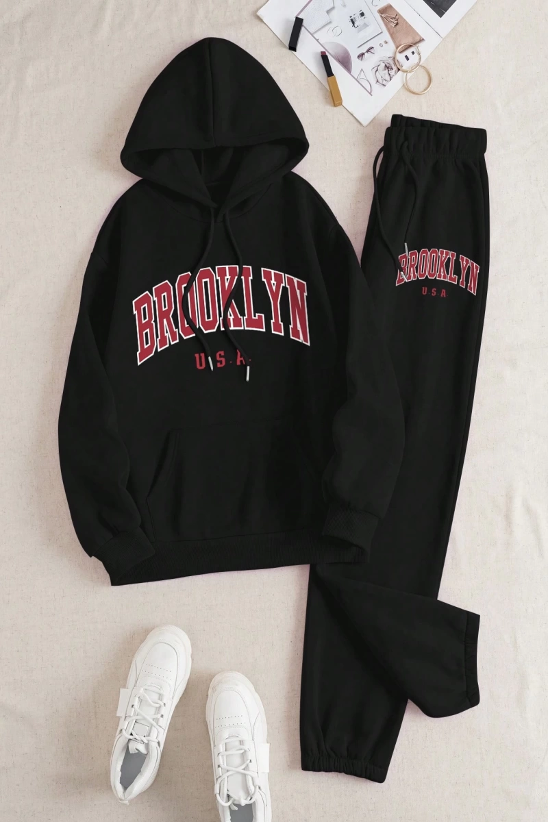 Kadın Moda Bol Spor Kapüşonlu Sweatshirt ve Eşofman Altı İki Parçalı Takım, Bayan İlkb