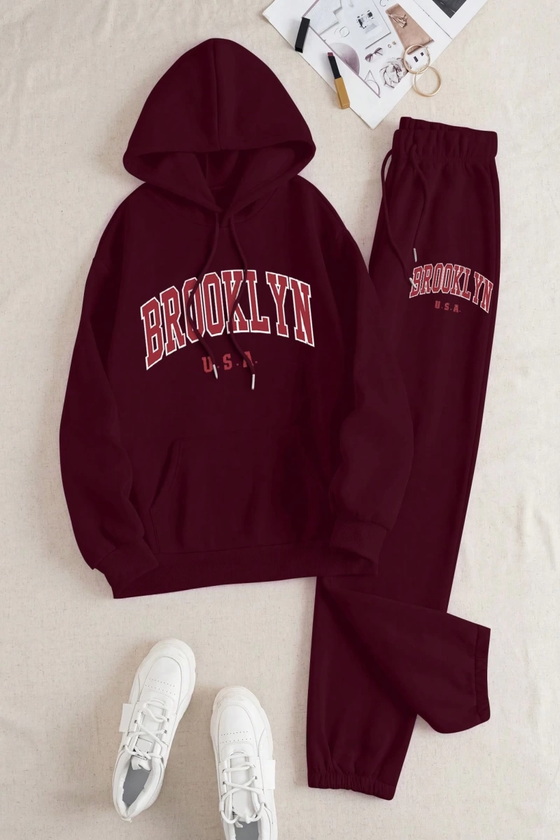 Kadın Moda Bol Spor Kapüşonlu Sweatshirt ve Eşofman Altı İki Parçalı Takım, Bayan İlkb