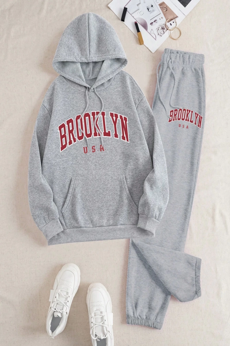 Kadın Moda Bol Spor Kapüşonlu Sweatshirt ve Eşofman Altı İki Parçalı Takım, Bayan İlkb