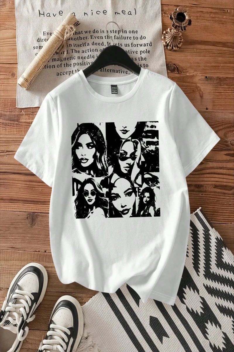 Kadın Moda Slogan Baskılı Kısa Kollu Yuvarlak Yaka Günlük Tişört