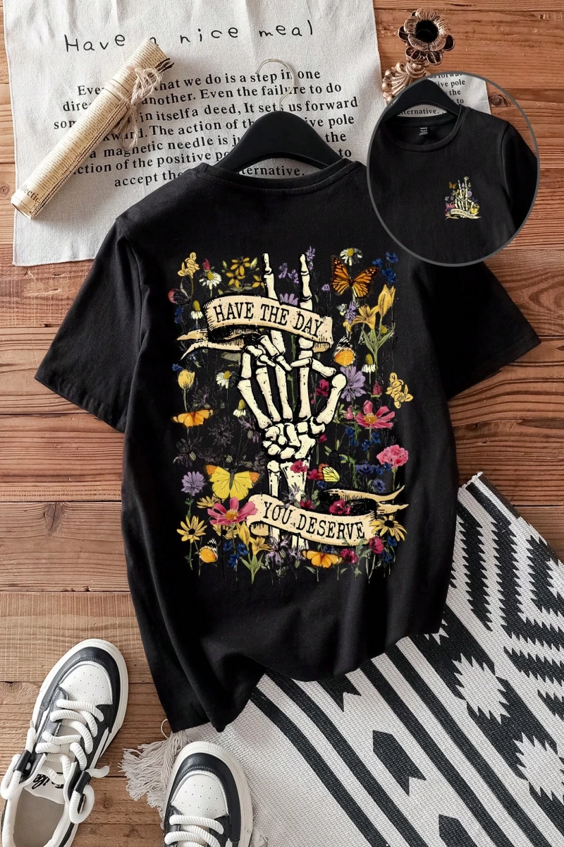 Kadın Moda Slogan Baskılı Kısa Kollu Yuvarlak Yaka Günlük Tişört
