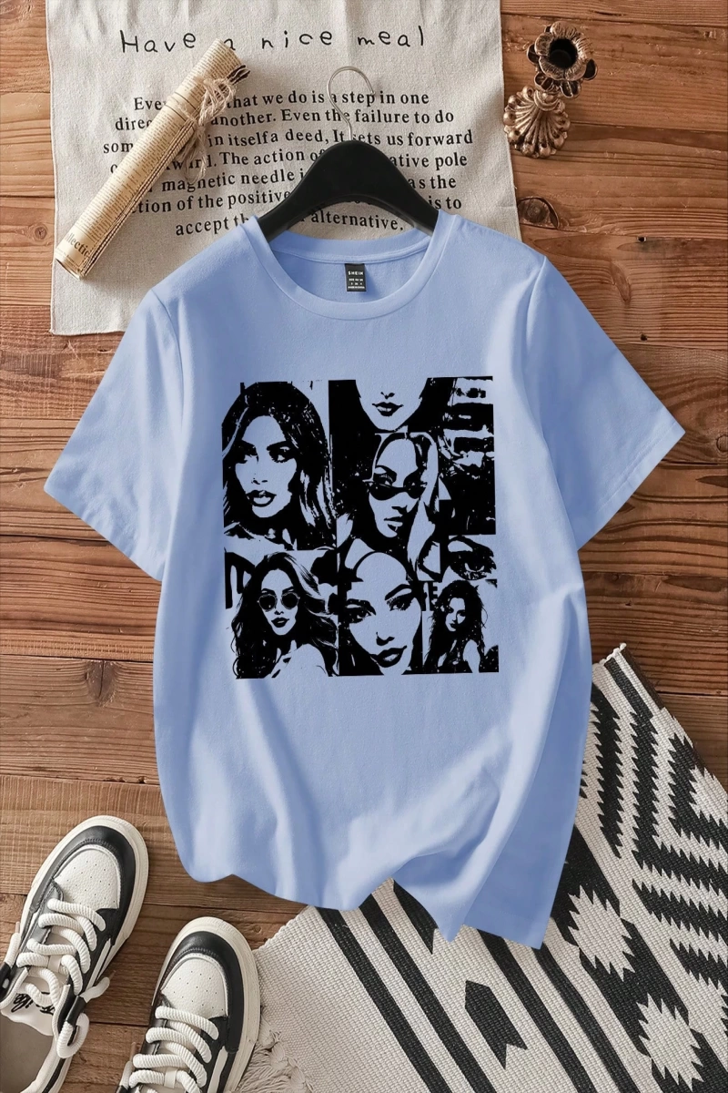 Kadın Moda Slogan Baskılı Kısa Kollu Yuvarlak Yaka Günlük Tişört