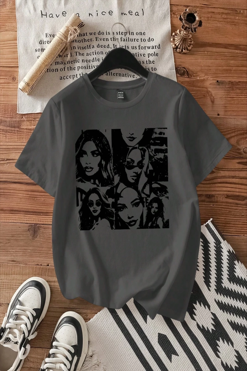 Kadın Moda Slogan Baskılı Kısa Kollu Yuvarlak Yaka Günlük Tişört