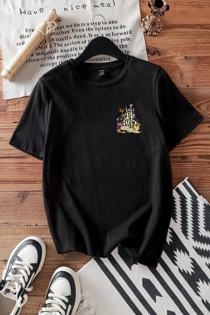 Kadın Moda Slogan Baskılı Kısa Kollu Yuvarlak Yaka Günlük Tişört