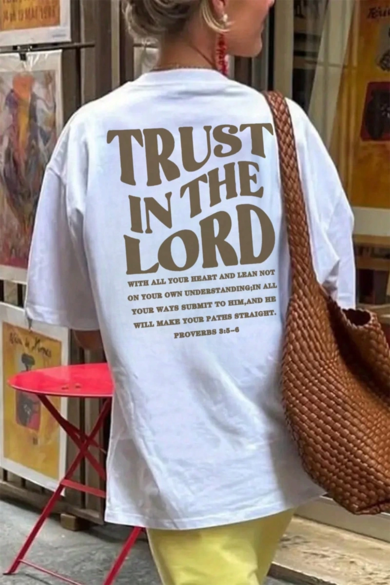 Kadın Modası Rahat True In The Lord Mektup Baskılı Yuvarlak Yaka Kısa Kollu Tişört, İlkbahar