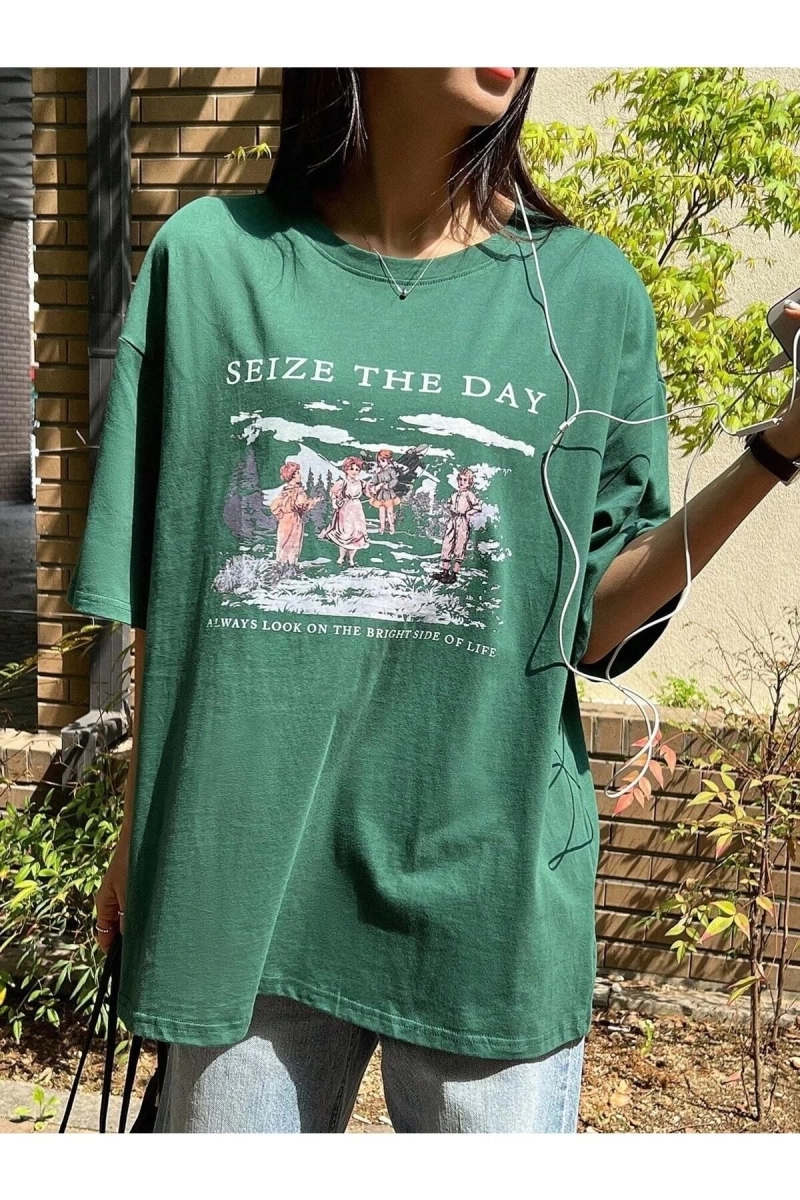 Kadın Nefti Yeşili Seize The Day Baskılı Oversize T-shirt
