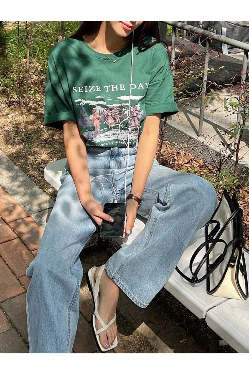 Kadın Nefti Yeşili Seize The Day Baskılı Oversize T-shirt