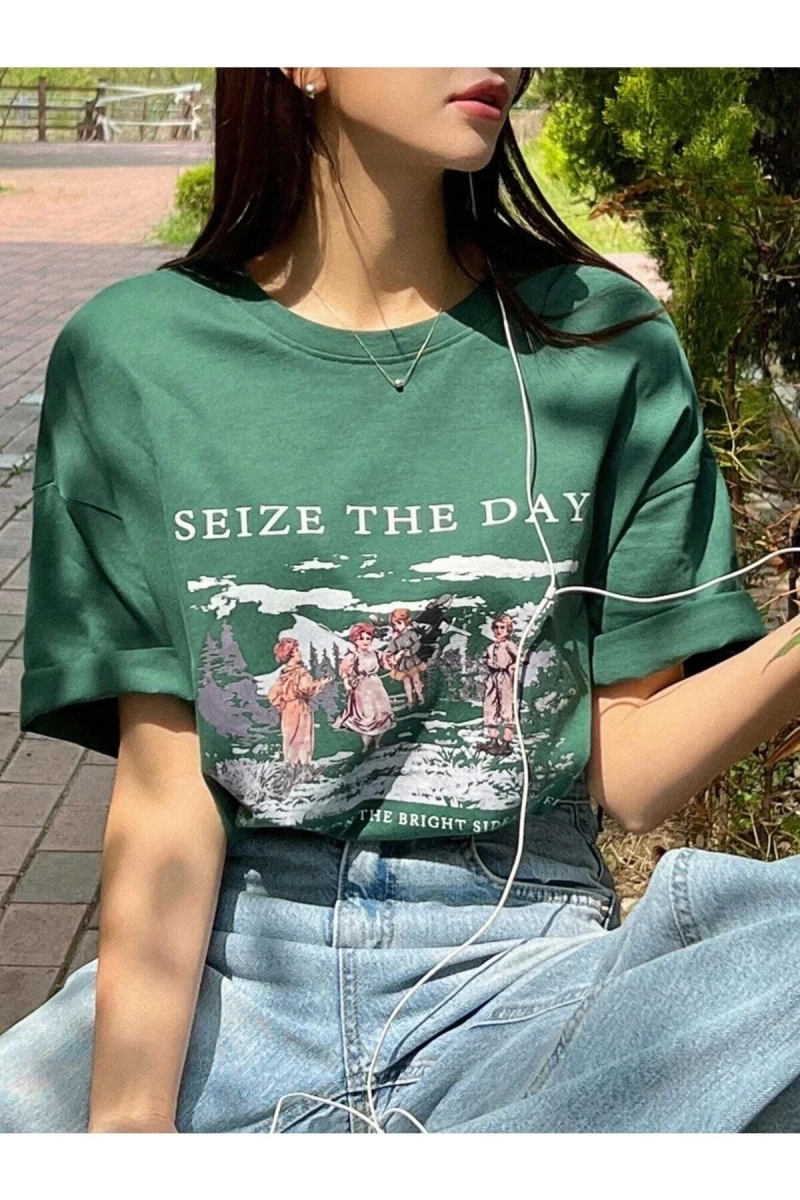 Kadın Nefti Yeşili Seize The Day Baskılı Oversize T-shirt