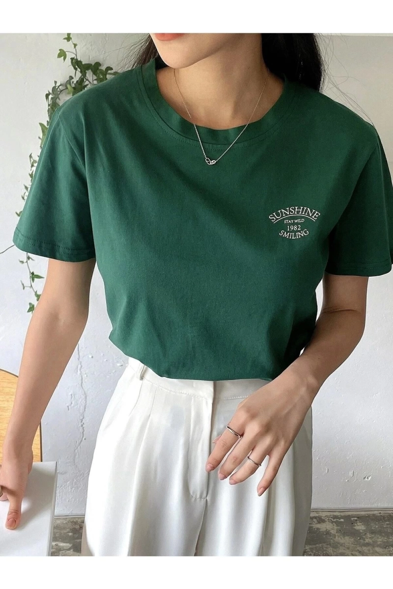 Kadın Nefti Yeşili Sunshine Baskılı Oversize Tişört