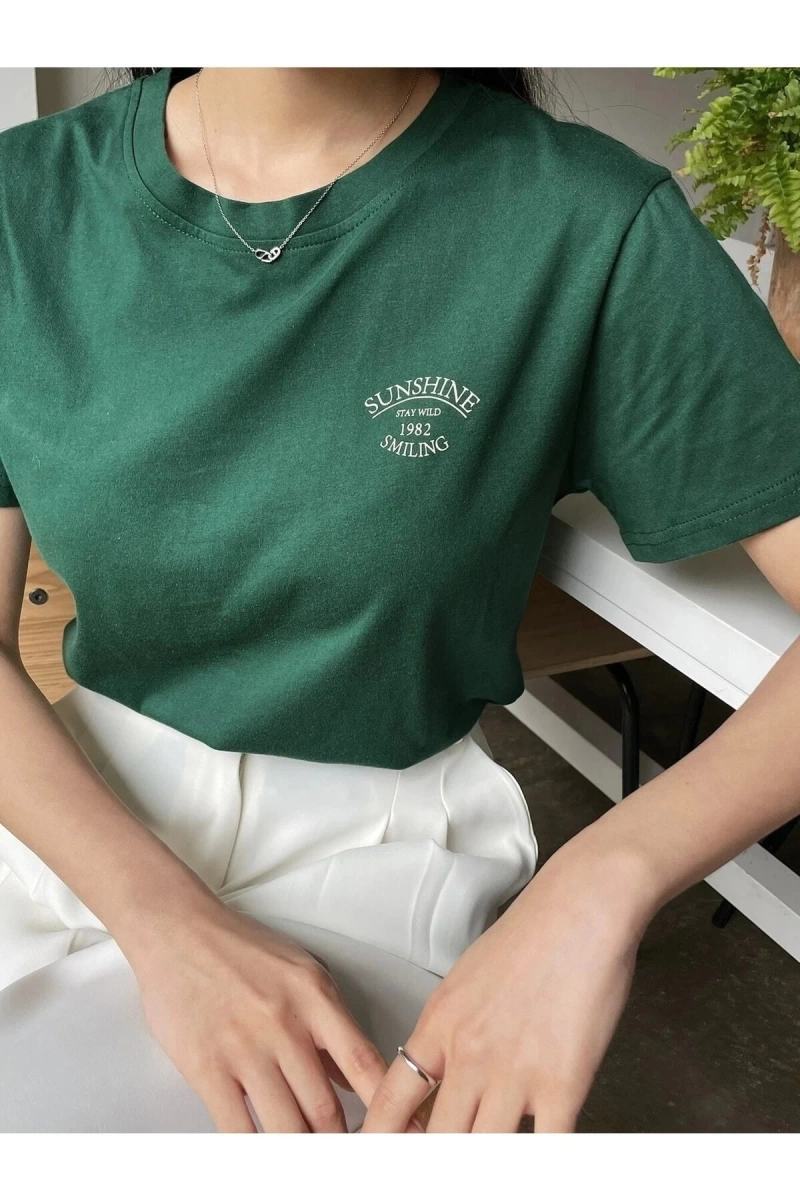 Kadın Nefti Yeşili Sunshine Baskılı Oversize Tişört