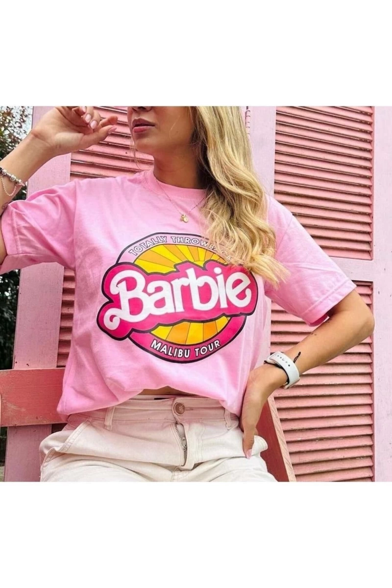 Kadın Pembe Baskılı Oversize Bisiklet Yaka Tişört
