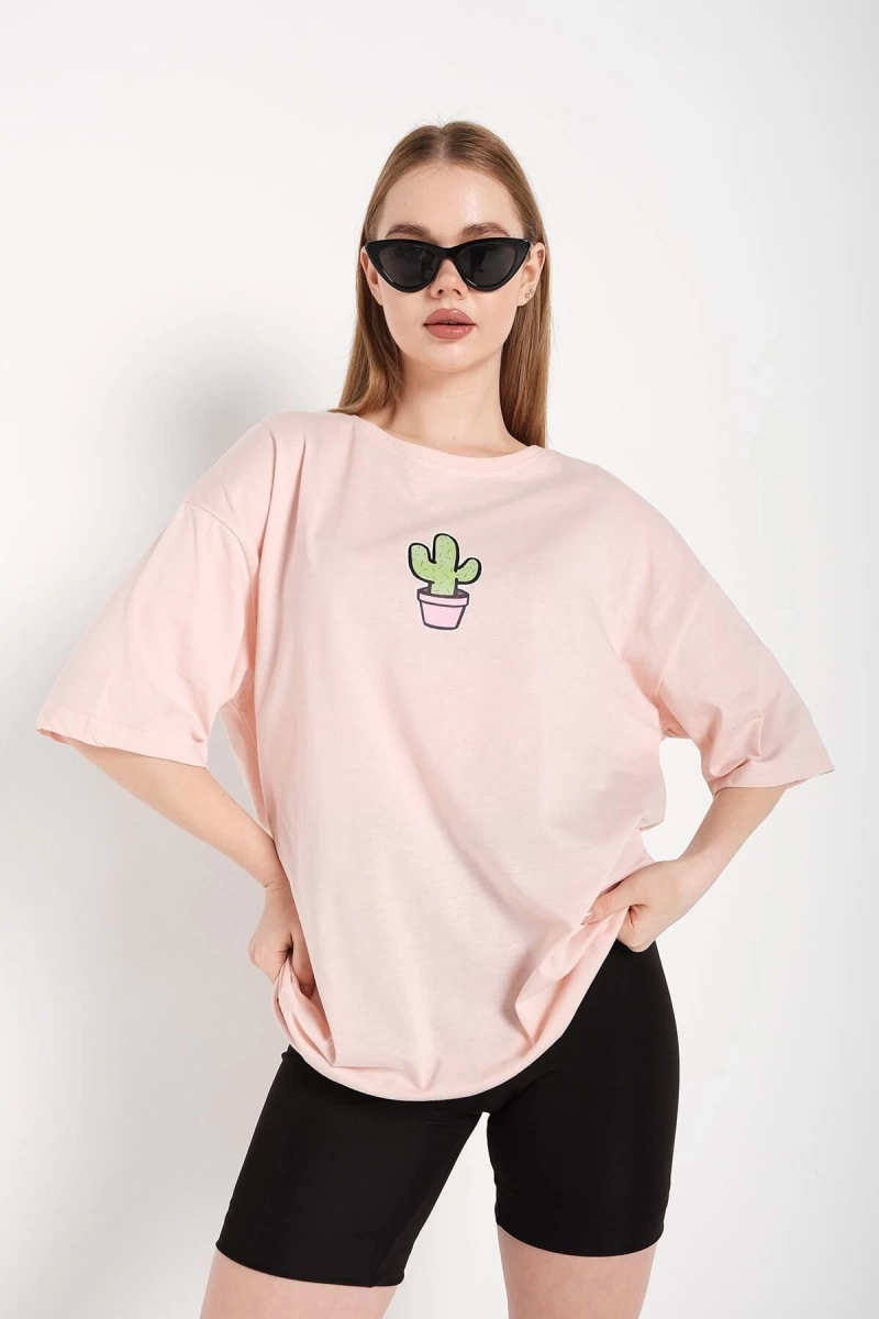 Kadın Pembe Cactus Logo Baskılı Oversize T-shirt