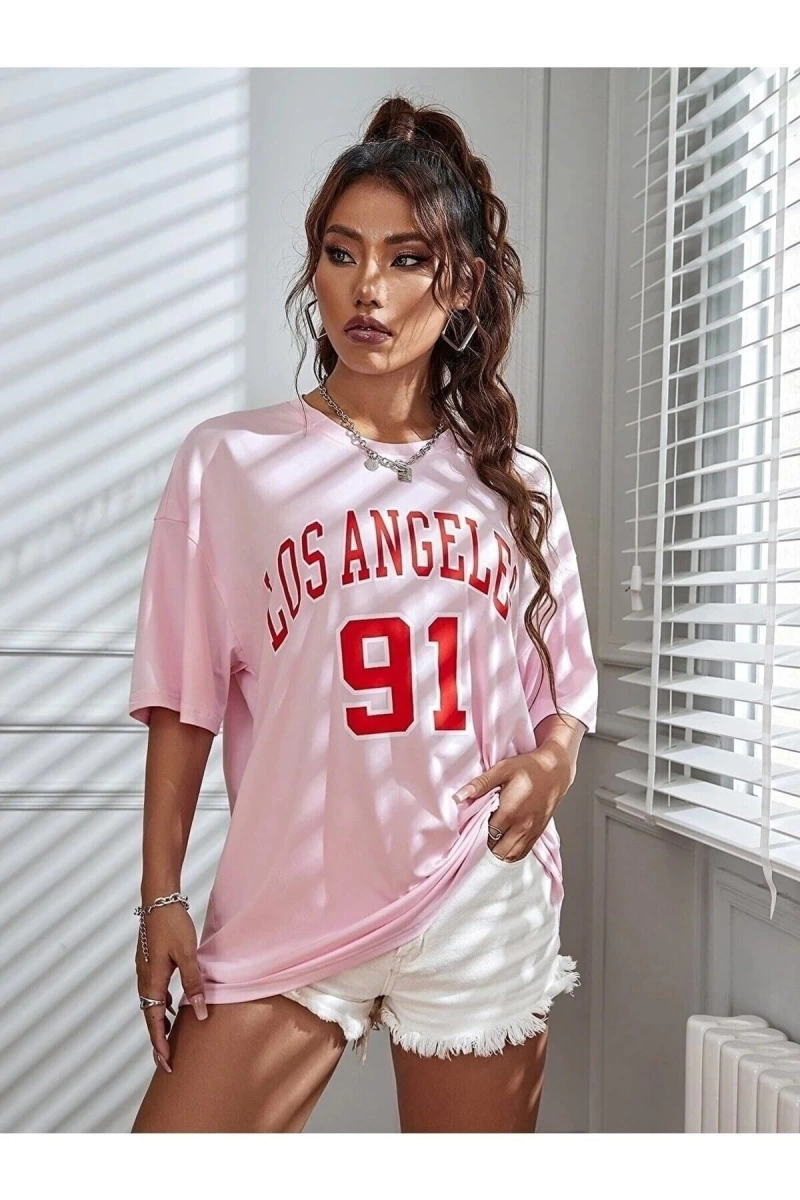 Kadın Pudra Pembe Los Angeles 91 Baskılı Oversize Tişört