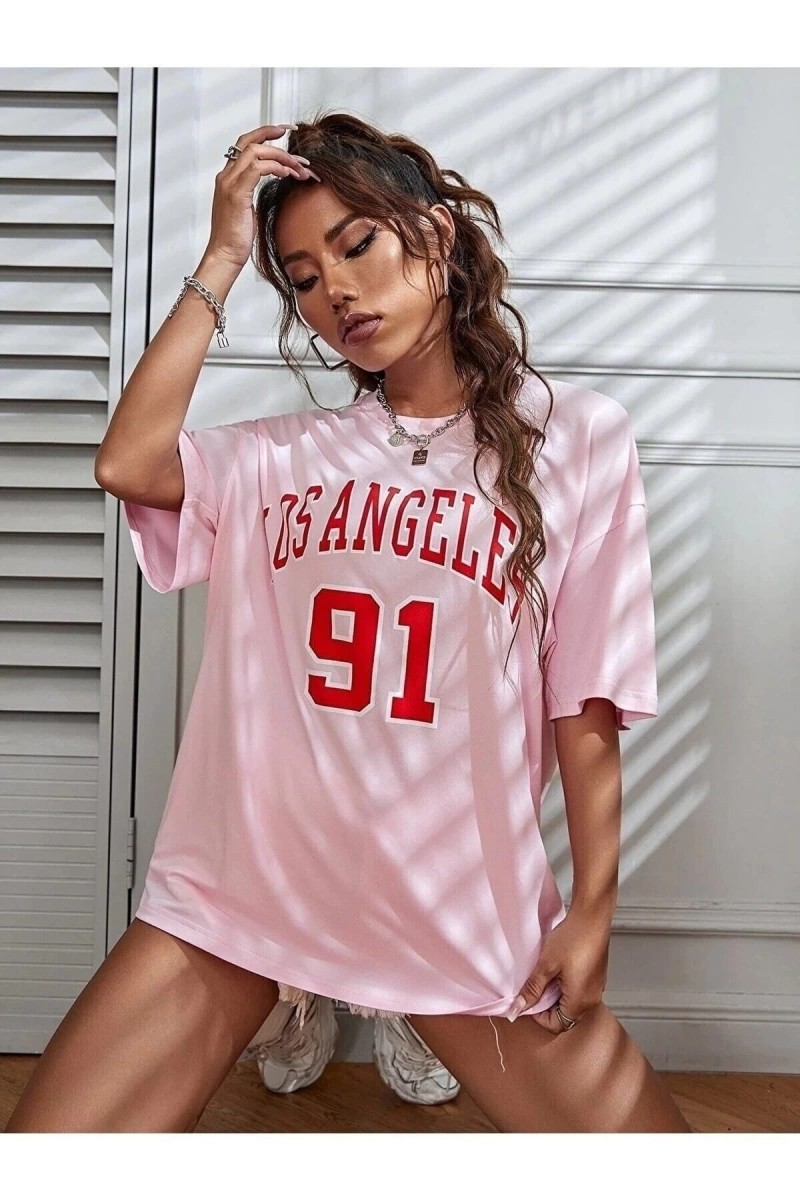Kadın Pudra Pembe Los Angeles 91 Baskılı Oversize Tişört