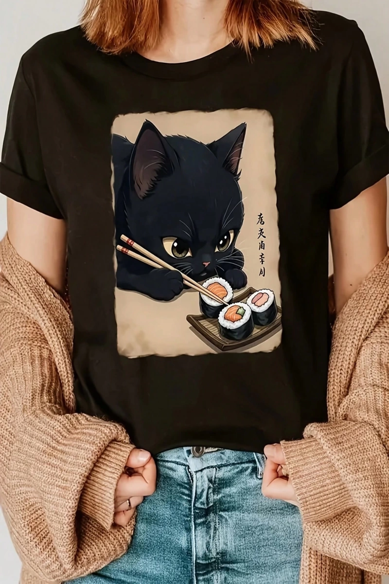 Kadın Rahat Bol Kesim Kısa Kollu Yuvarlak Yaka Tişört Kedi Suşi Yiyen Baskılı, Günlük Giyim İ