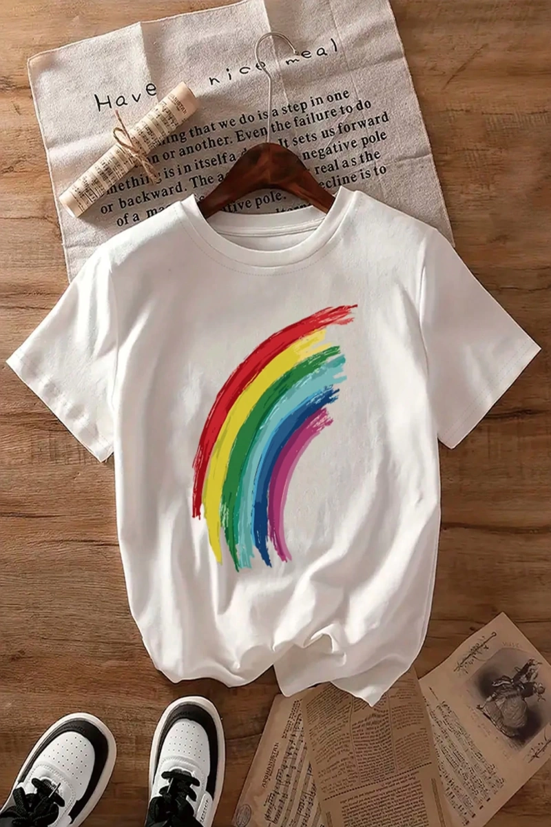 Kadın Rahat Gökkuşağı Baskılı Tişört, Yaz Kısa Kollu Yuvarlak Yaka Üst, Polyester Örgü