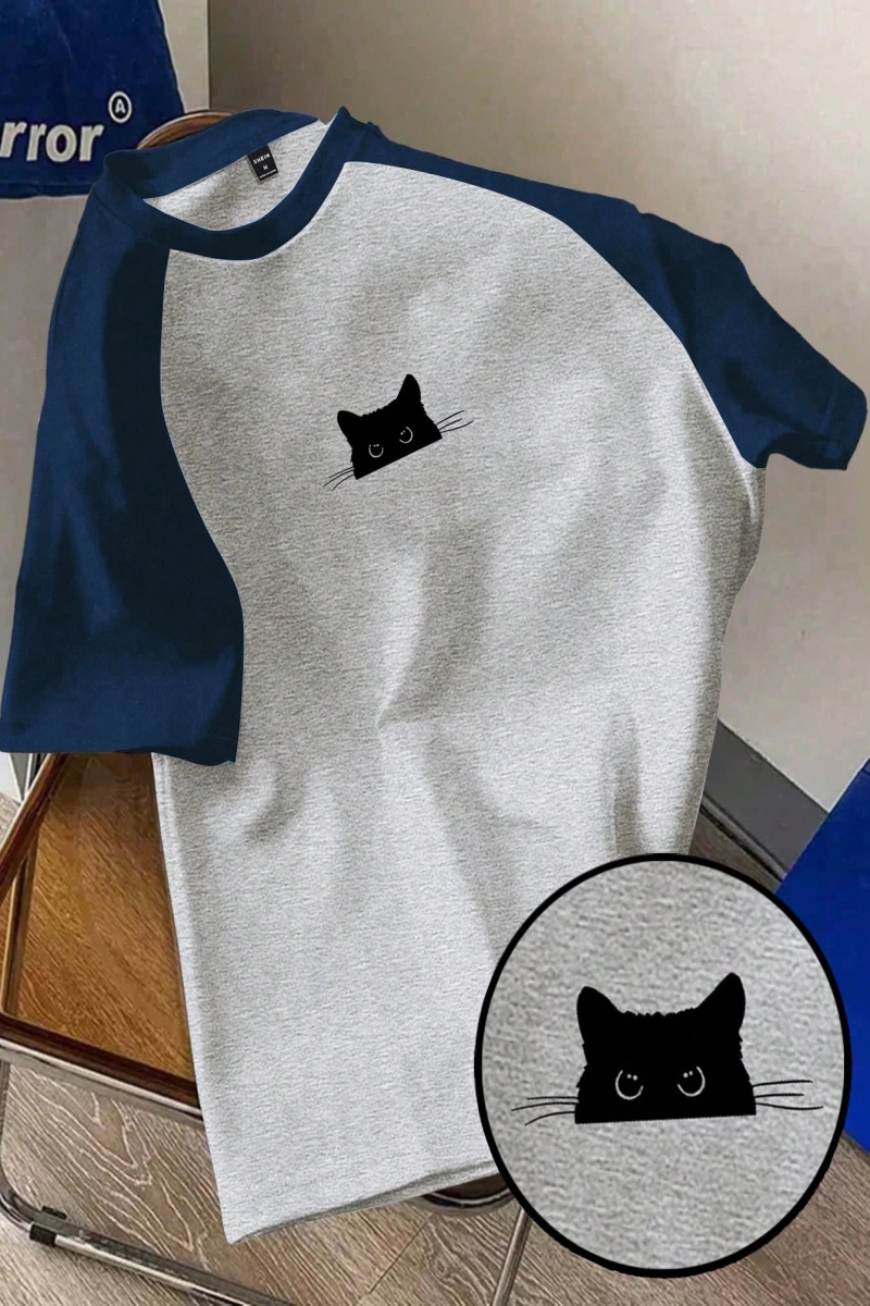 Kadın Rahat Minimalist Kedi Grafik Yuvarlak Yaka Kısa Kollu Bol Kesim Tişört, Ya