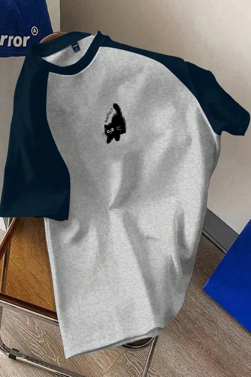 Kadın Rahat Minimalist Kedi Grafik Yuvarlak Yaka Kısa Kollu Bol Kesim Tişört, Ya