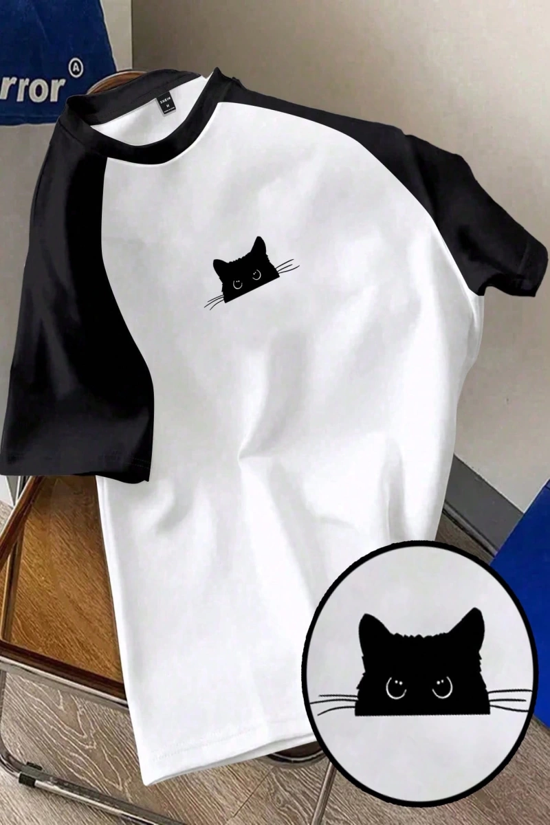 Kadın Rahat Minimalist Kedi Grafik Yuvarlak Yaka Kısa Kollu Bol Kesim Tişört, Ya