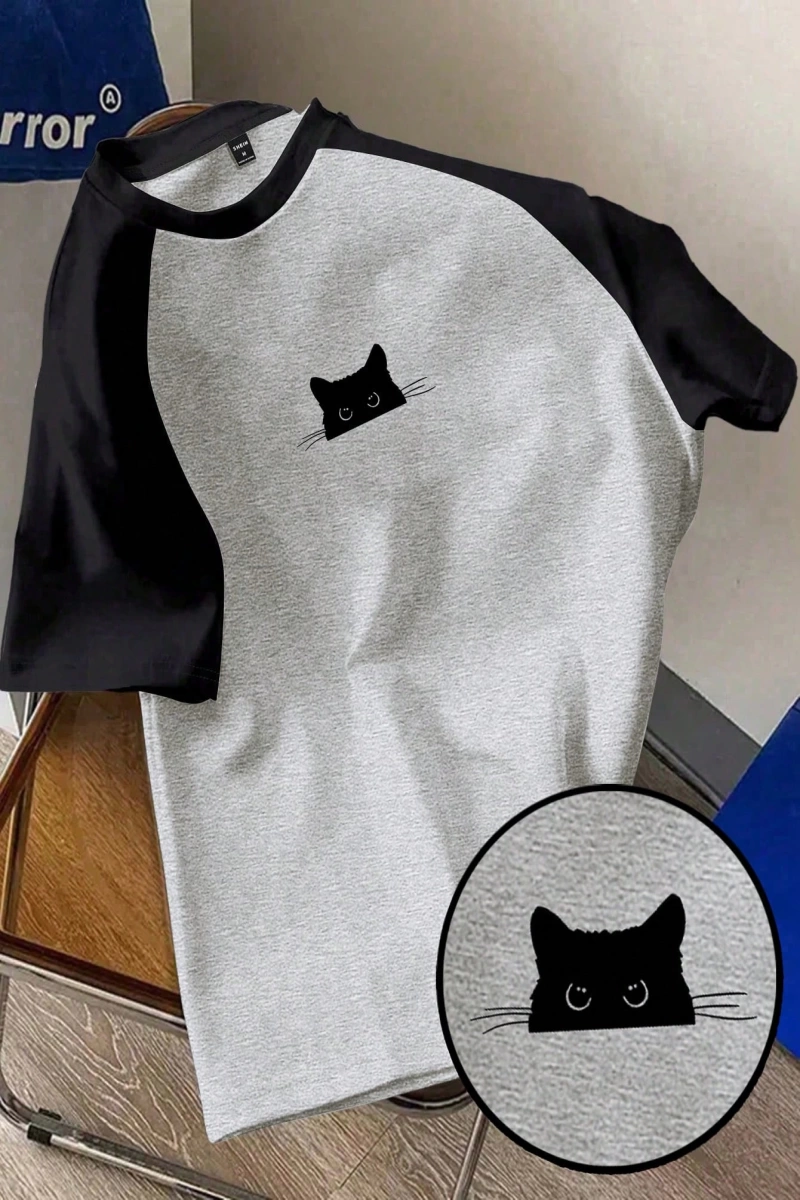 Kadın Rahat Minimalist Kedi Grafik Yuvarlak Yaka Kısa Kollu Bol Kesim Tişört, Ya