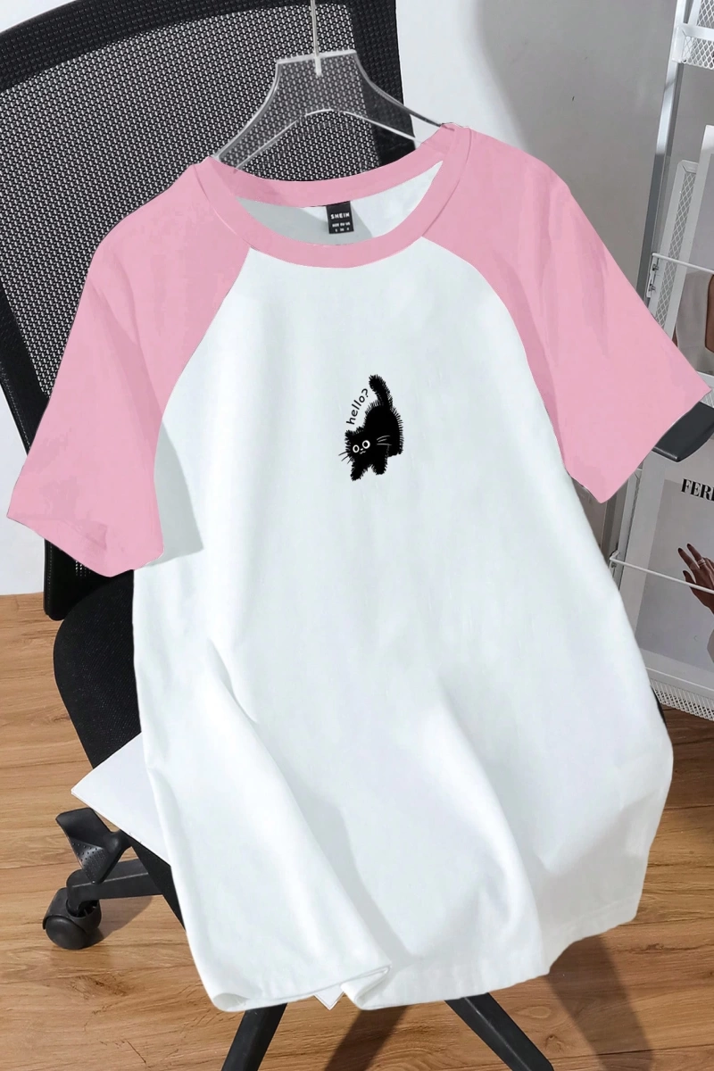 Kadın Rahat Minimalist Kedi Grafik Yuvarlak Yaka Kısa Kollu Bol Kesim Tişört, Ya