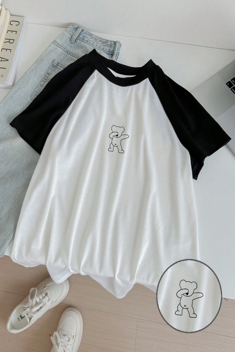 Kadın Rahat Minimalist Kedi Grafik Yuvarlak Yaka Kısa Kollu Bol Kesim Tişört, Ya