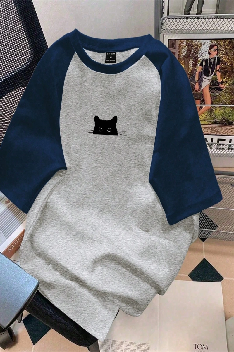 Kadın Rahat Minimalist Kedi Grafik Yuvarlak Yaka Kısa Kollu Bol Kesim Tişört, Ya