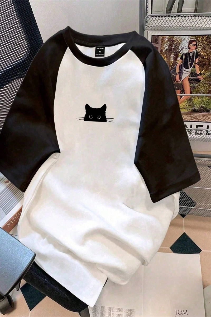 Kadın Rahat Minimalist Kedi Grafik Yuvarlak Yaka Kısa Kollu Bol Kesim Tişört, Ya