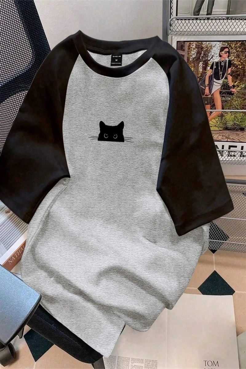 Kadın Rahat Minimalist Kedi Grafik Yuvarlak Yaka Kısa Kollu Bol Kesim Tişört, Ya