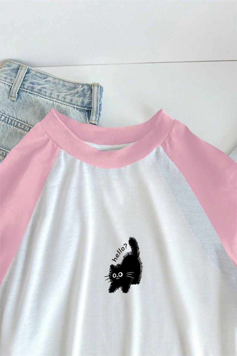 Kadın Rahat Minimalist Kedi Grafik Yuvarlak Yaka Kısa Kollu Bol Kesim Tişört, Ya