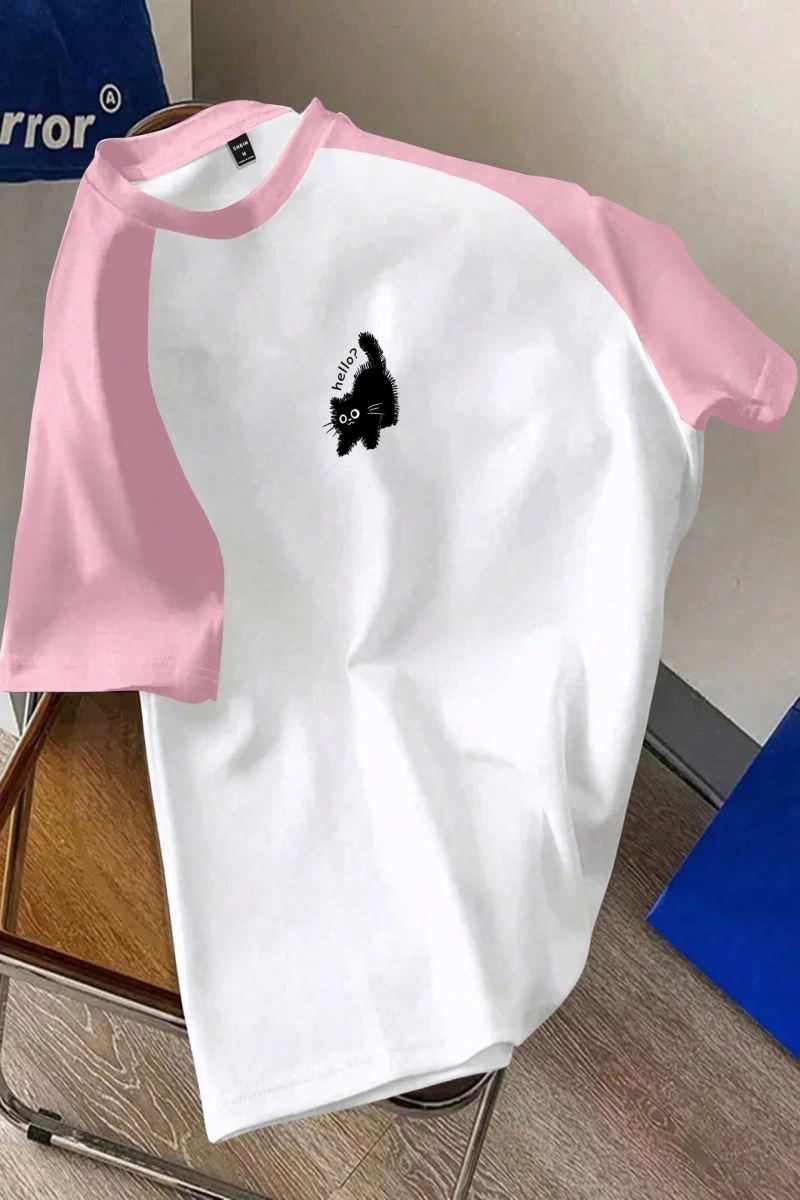 Kadın Rahat Minimalist Kedi Grafik Yuvarlak Yaka Kısa Kollu Bol Kesim Tişört, Ya
