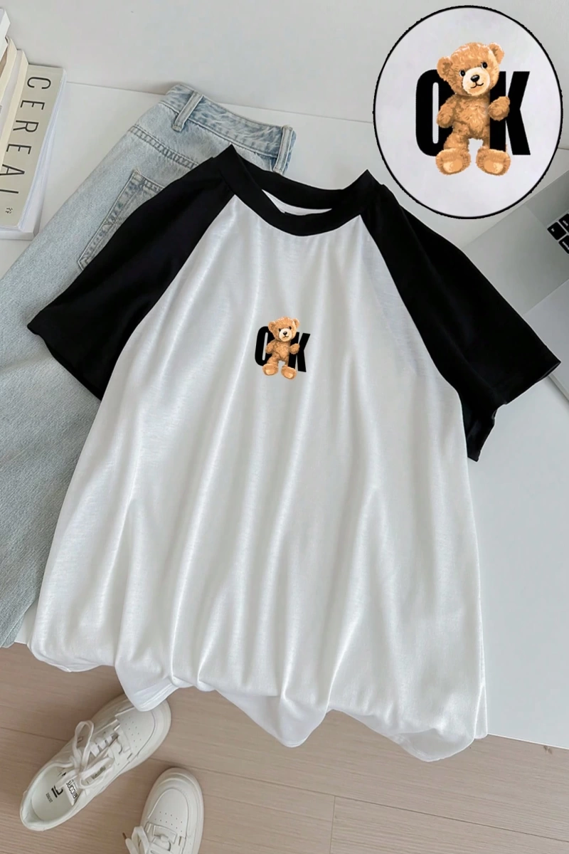 Kadın Rahat Minimalist Kedi Grafik Yuvarlak Yaka Kısa Kollu Bol Kesim Tişört, Ya