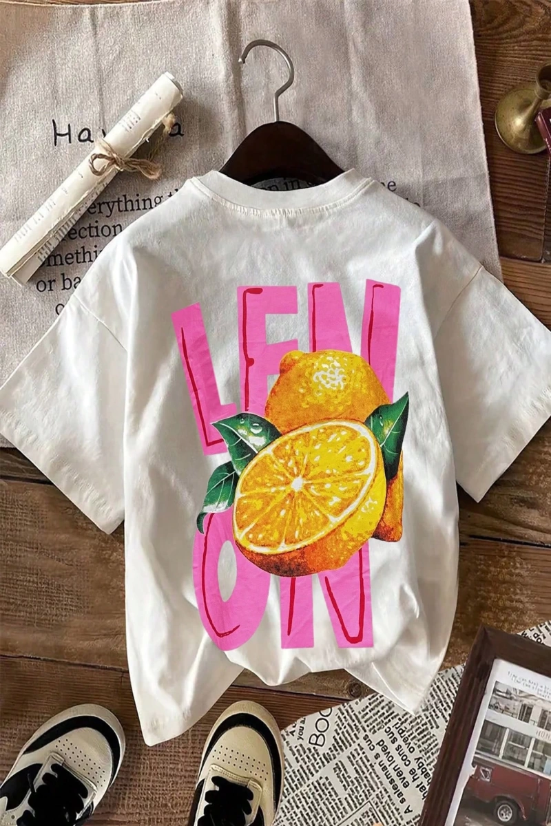 Kadın Regular Fit Harf ve Palmiye Ağacı Grafik Yuvarlak Yaka Kısa Kollu Günlük Süt İpek Tişör