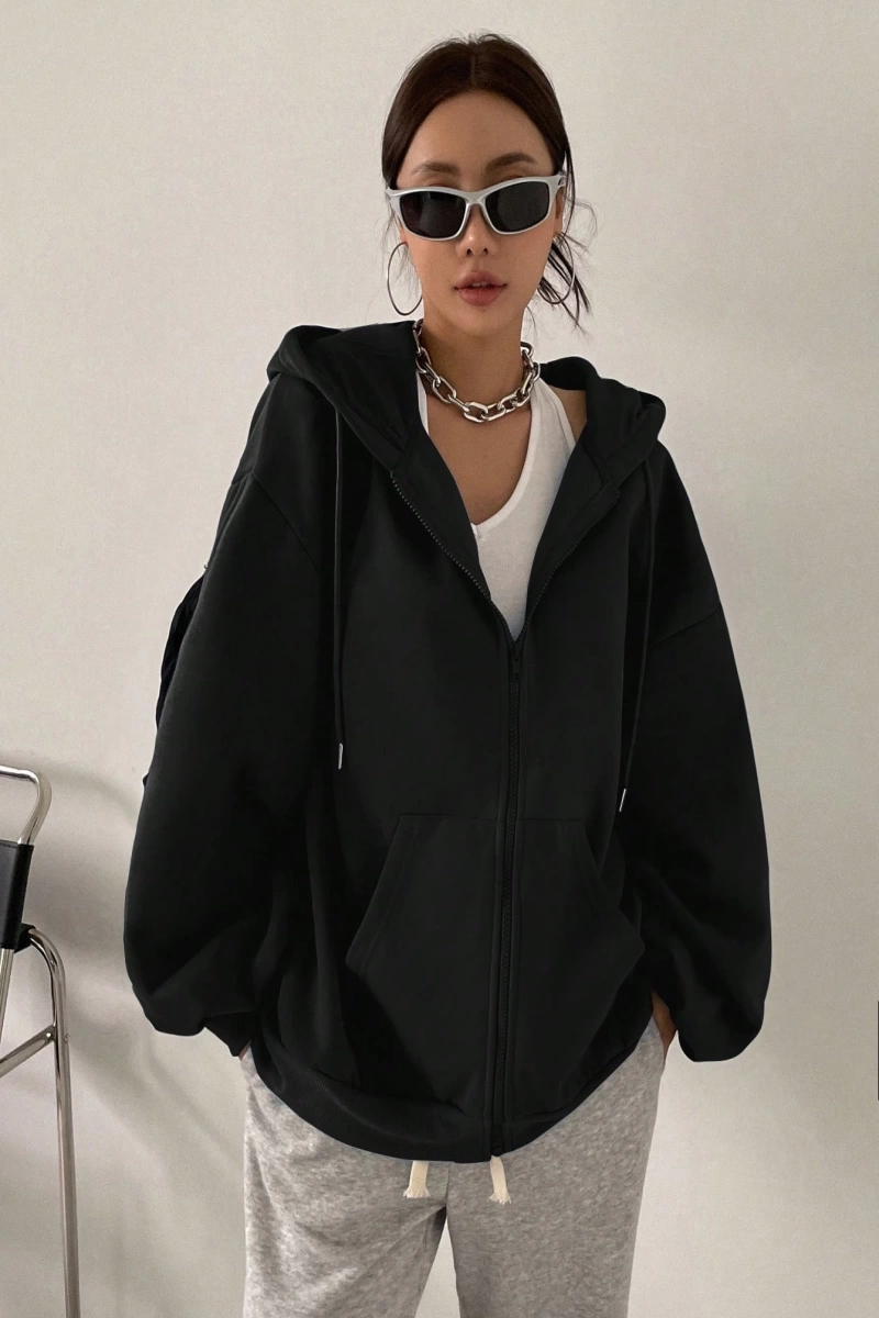 Kadın Renk Bloklu Bağcıklı Yaka Termal Astarlı Kapşonlu Sweatshirt, Uzun Kollu Üstler Model 5175