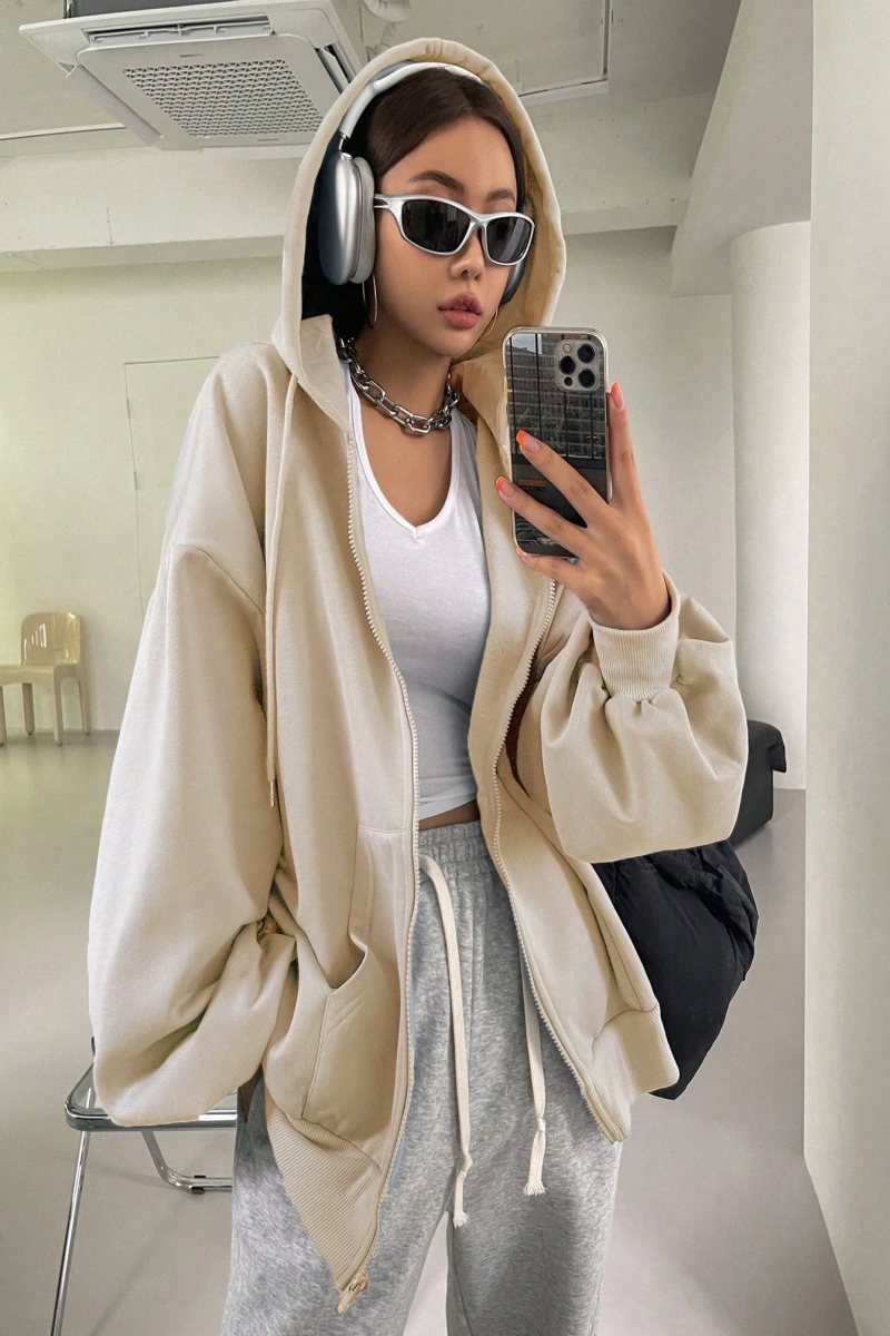 Kadın Renk Bloklu Bağcıklı Yaka Termal Astarlı Kapşonlu Sweatshirt, Uzun Kollu Üstler Model 5175