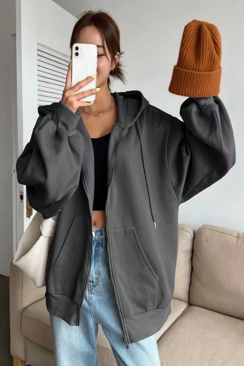Kadın Renk Bloklu Bağcıklı Yaka Termal Astarlı Kapşonlu Sweatshirt, Uzun Kollu Üstler Model 5196