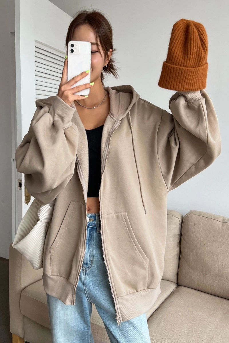 Kadın Renk Bloklu Bağcıklı Yaka Termal Astarlı Kapşonlu Sweatshirt, Uzun Kollu Üstler Model 5196